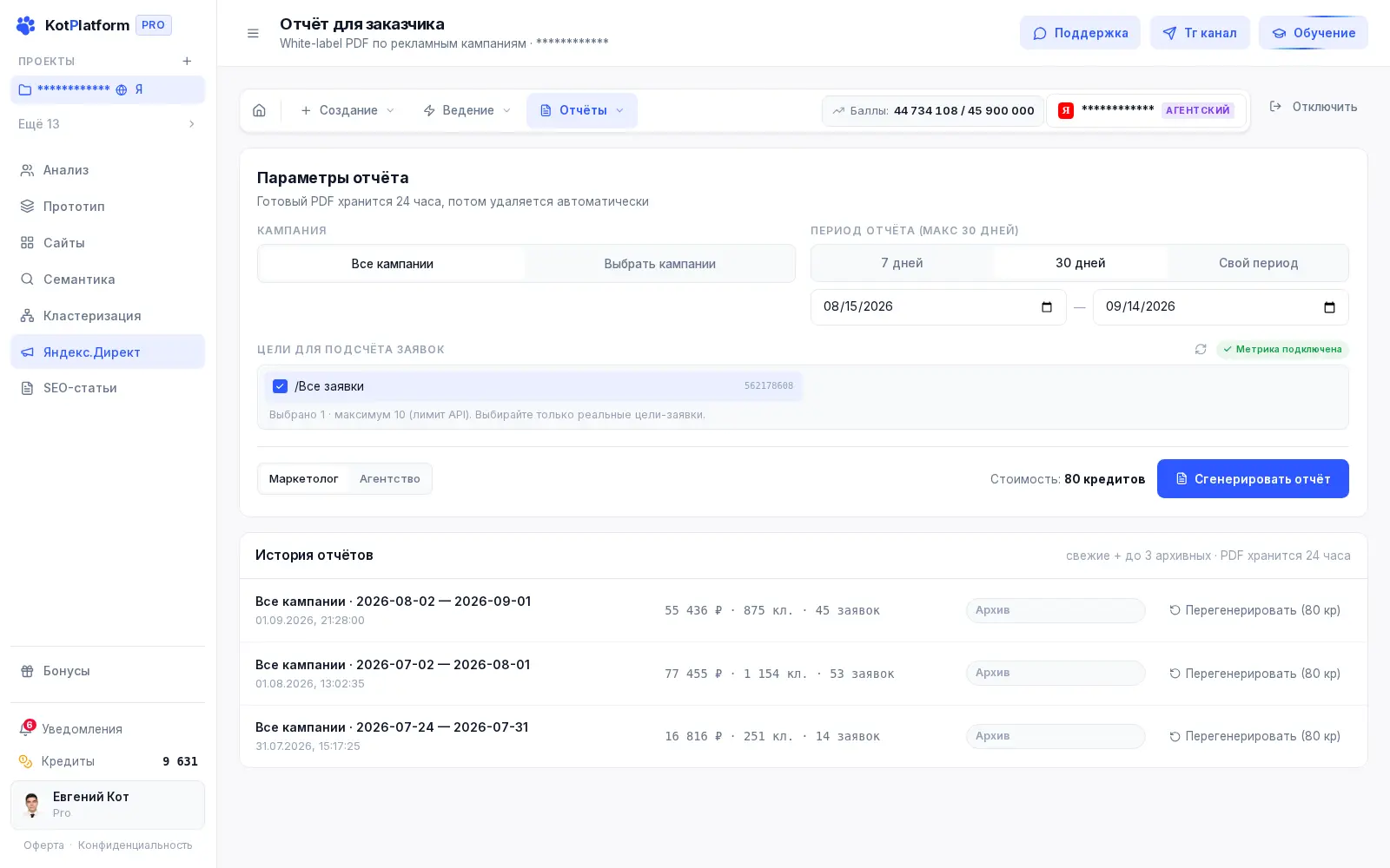 Отчёт по Яндекс Директу для заказчика в KotPlatform