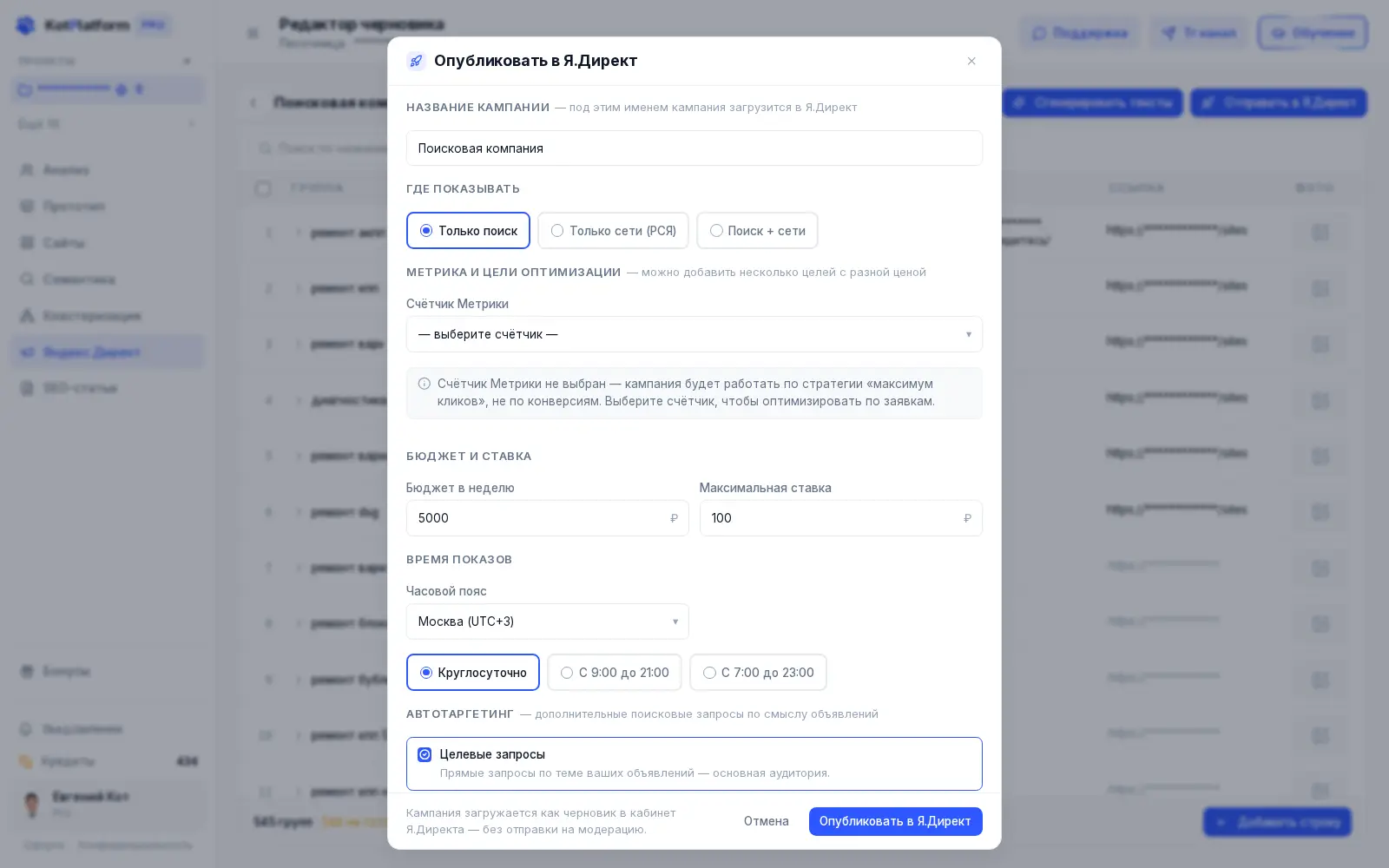 Отправка ЕПК в Яндекс Директ из KotPlatform — места показа, цели Метрики, бюджет и автотаргетинг