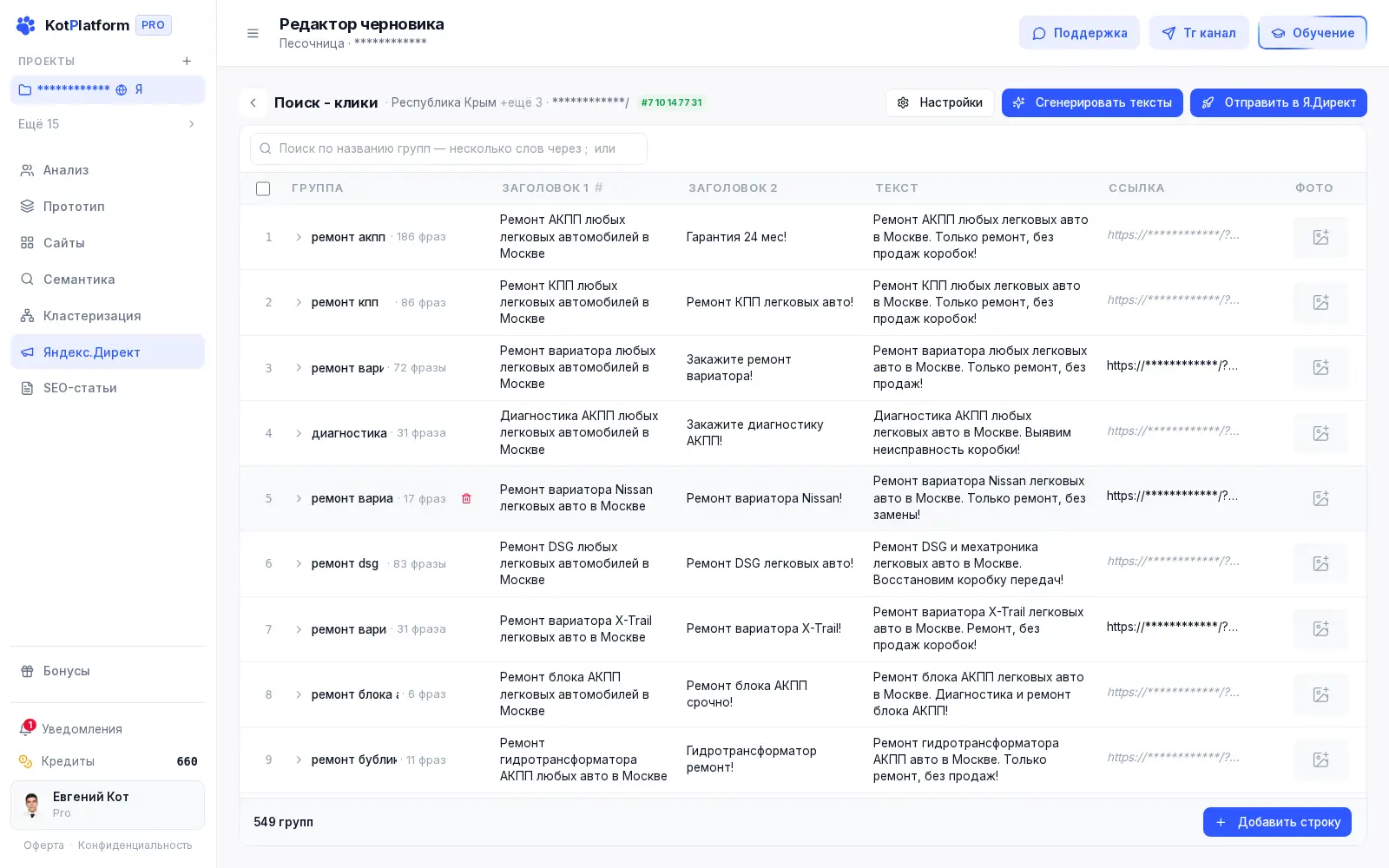 Сборка кампании Яндекс Директа в KotPlatform: группы объявлений и тексты