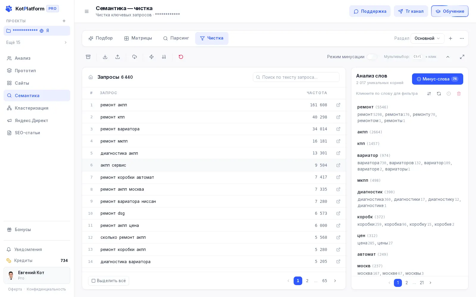 Сбор ключевых слов для интернет-продвижения в Семантике KotPlatform