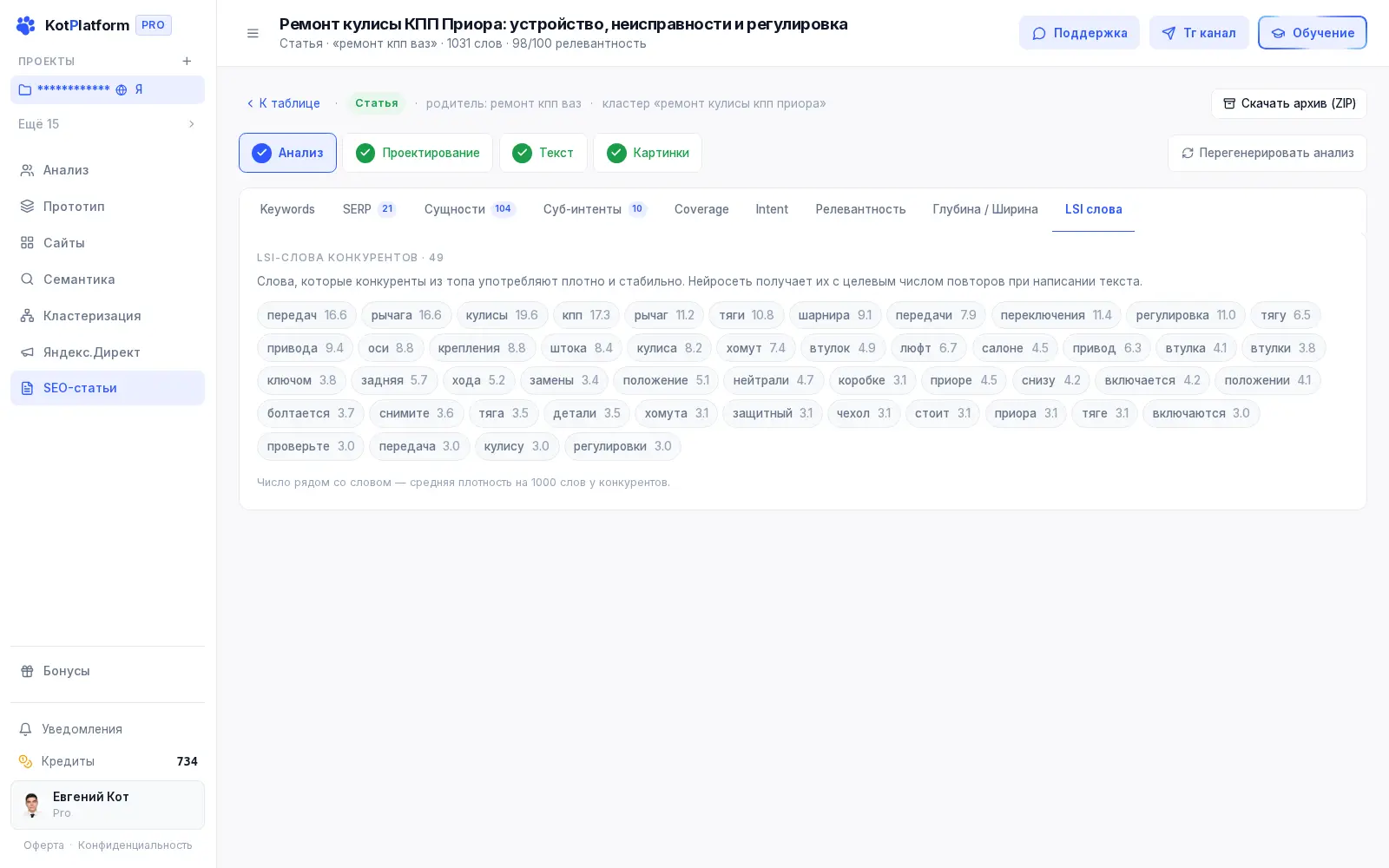 Слова, задающие тему текста, из анализа конкурентов в KotPlatform — с плотностью на тысячу слов
