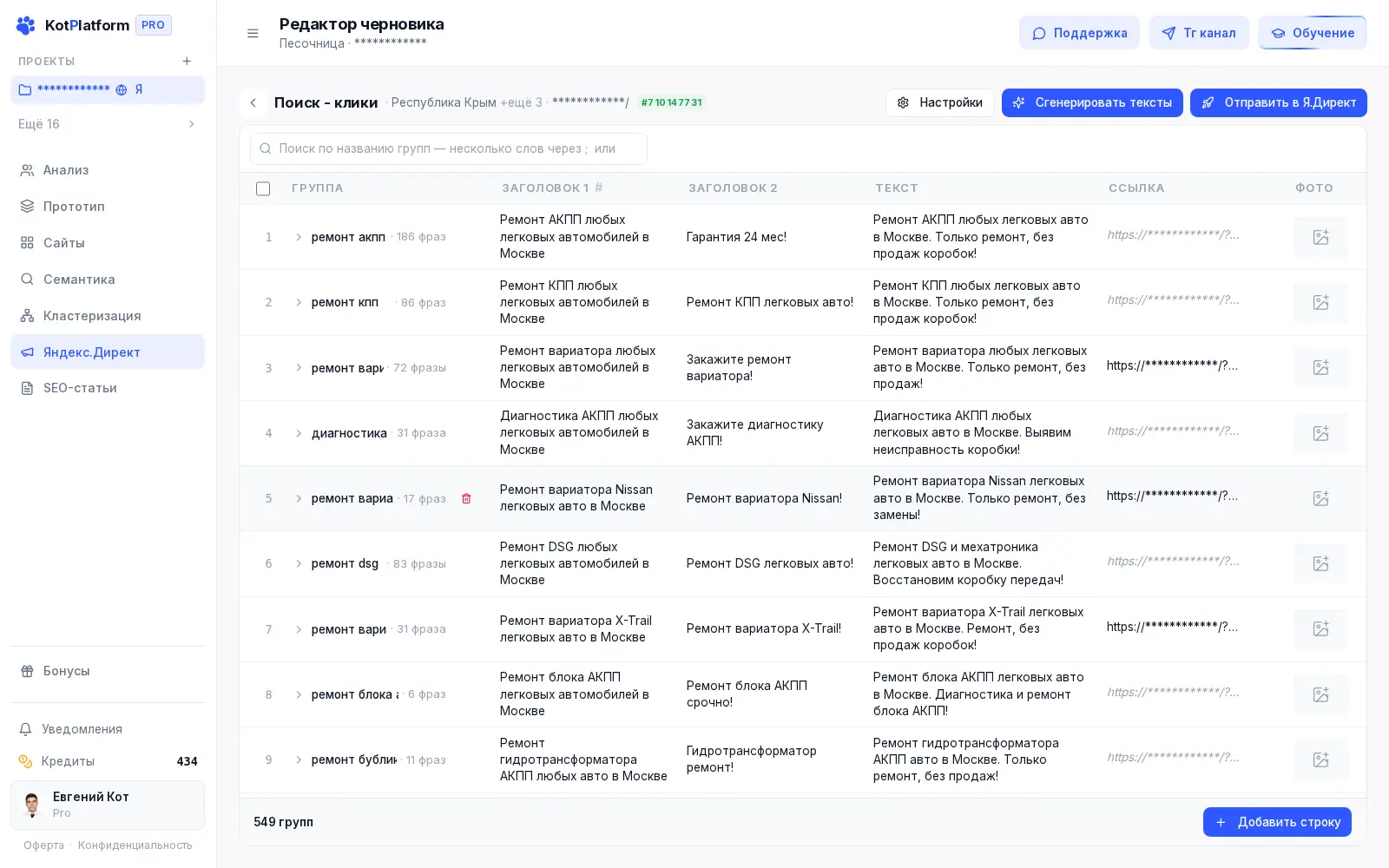 Черновик контекстной рекламы в KotPlatform — группы объявлений перед отправкой в Яндекс Директ