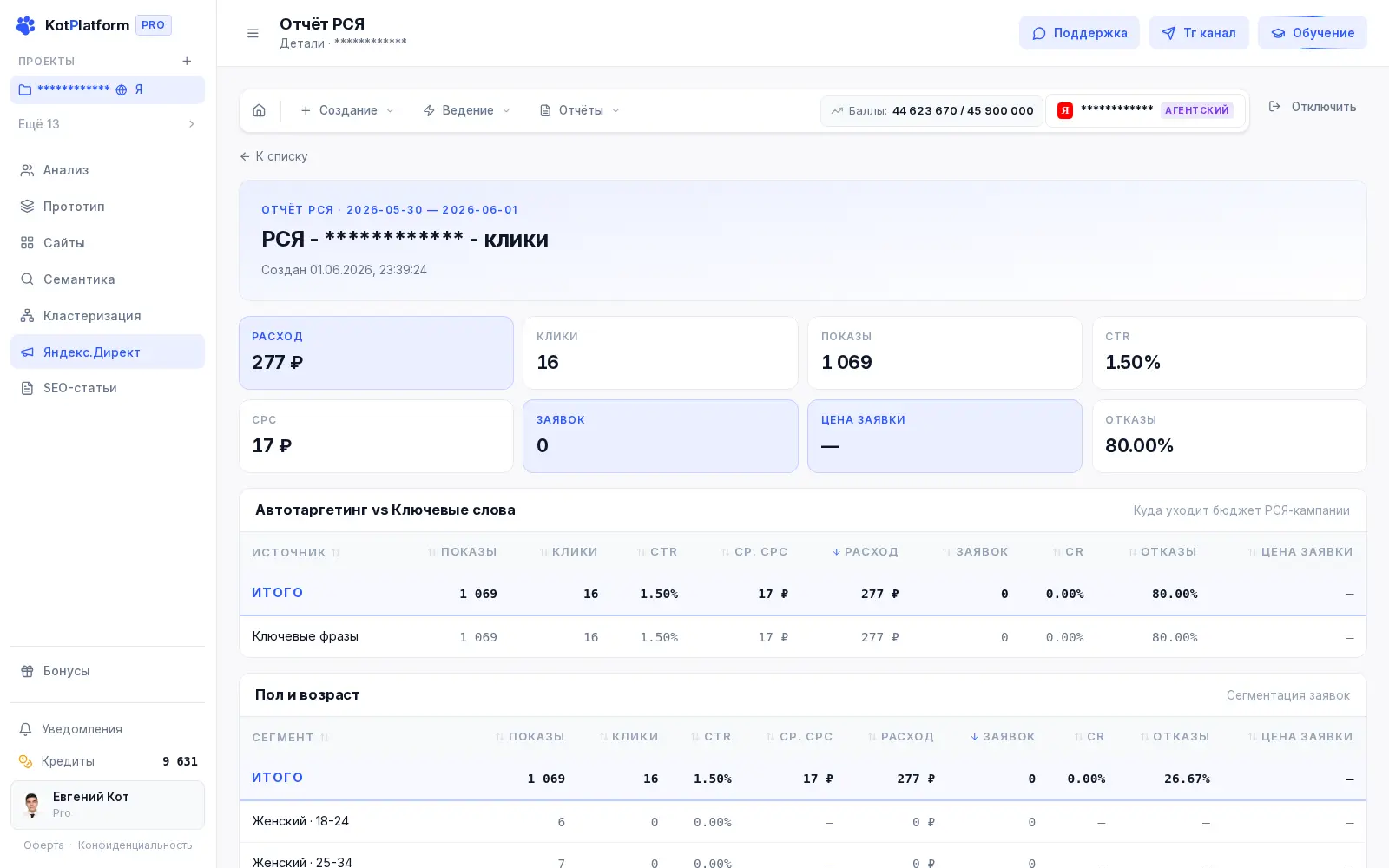 Отчёт по контекстной рекламе в РСЯ в KotPlatform — клики, заявки и отказы