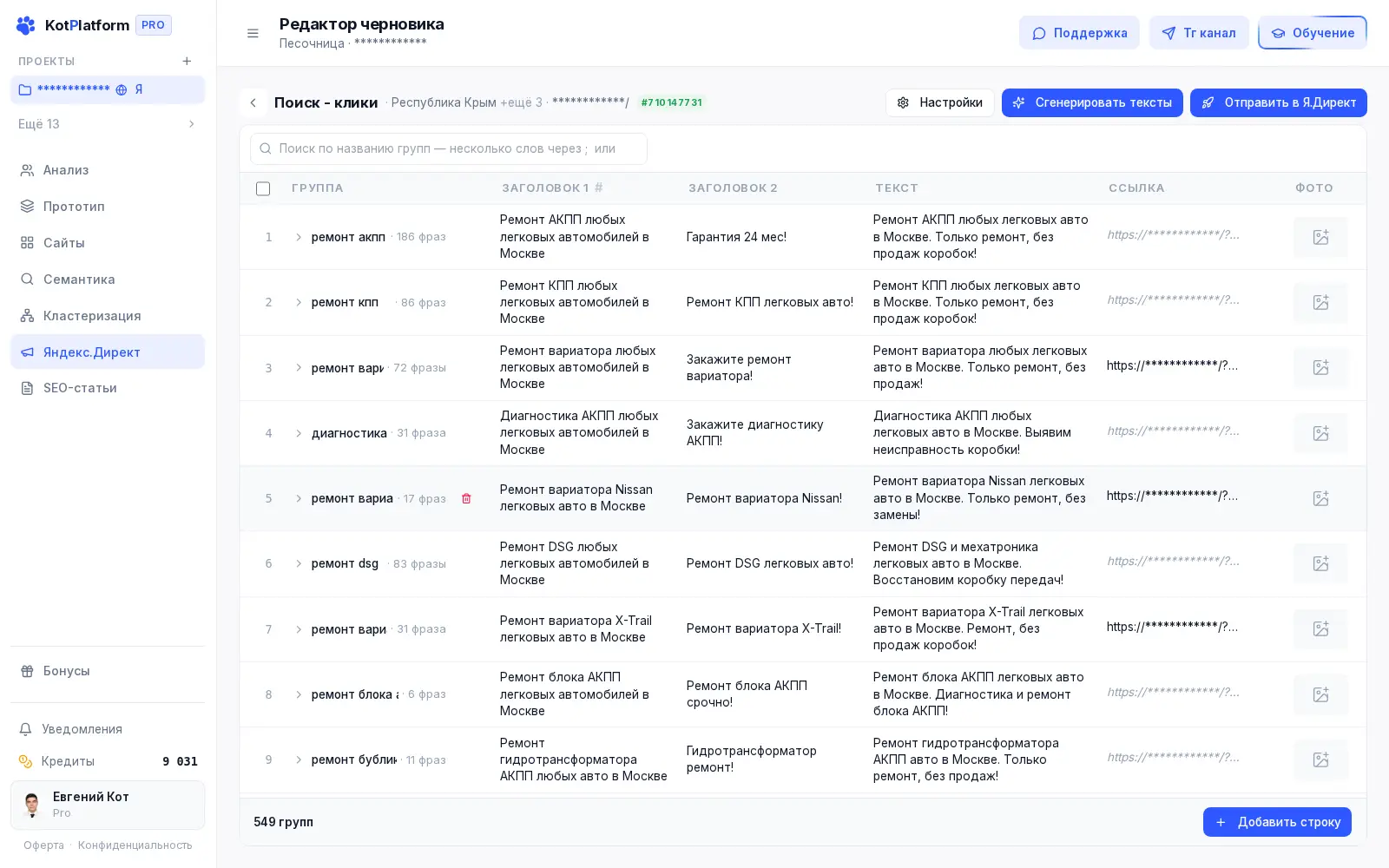 Объявления Яндекс Директ в KotPlatform — заголовки и тексты для каждой группы