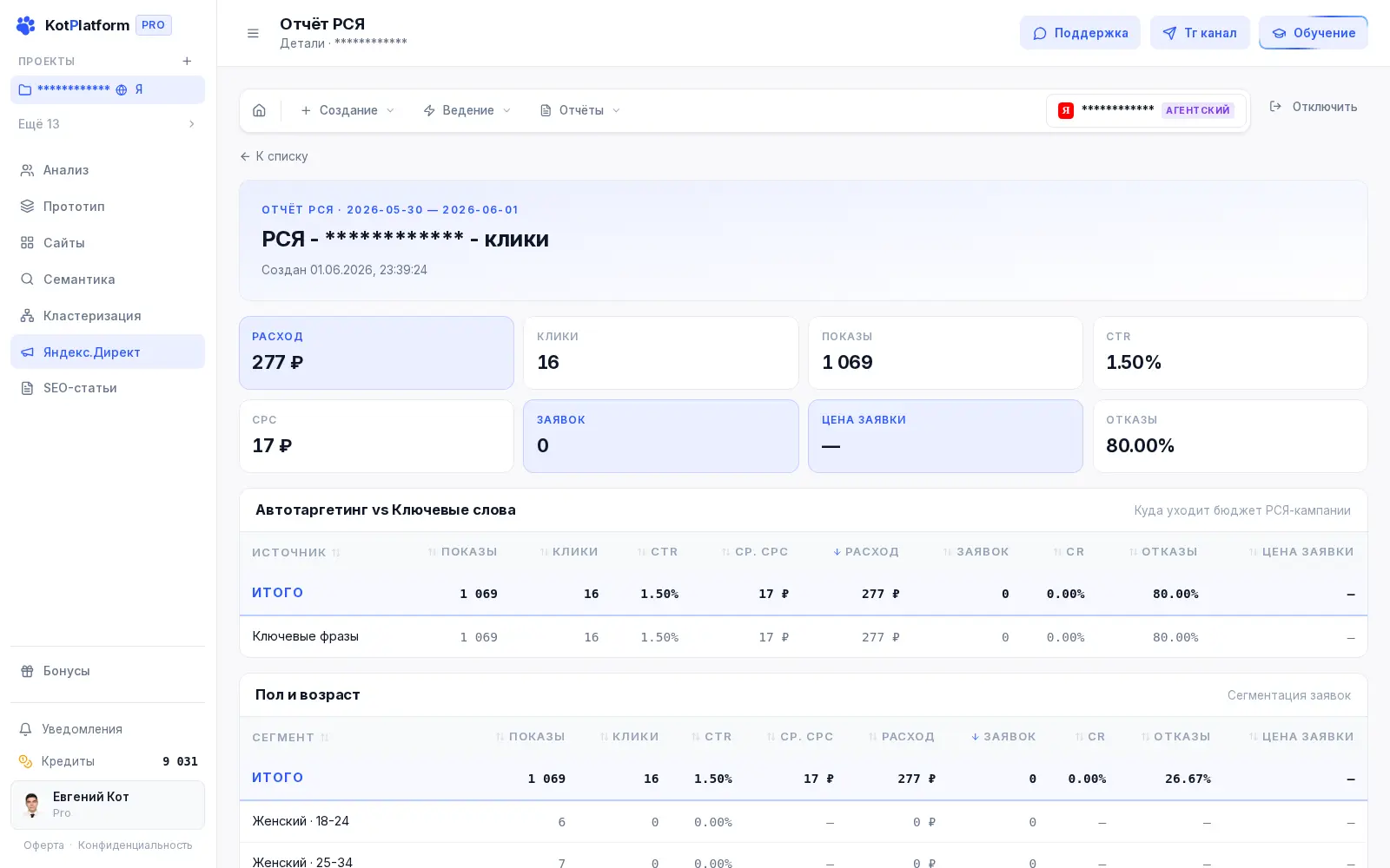 Отчёт по кампании РСЯ в KotPlatform — расход, клики, заявки и отказы