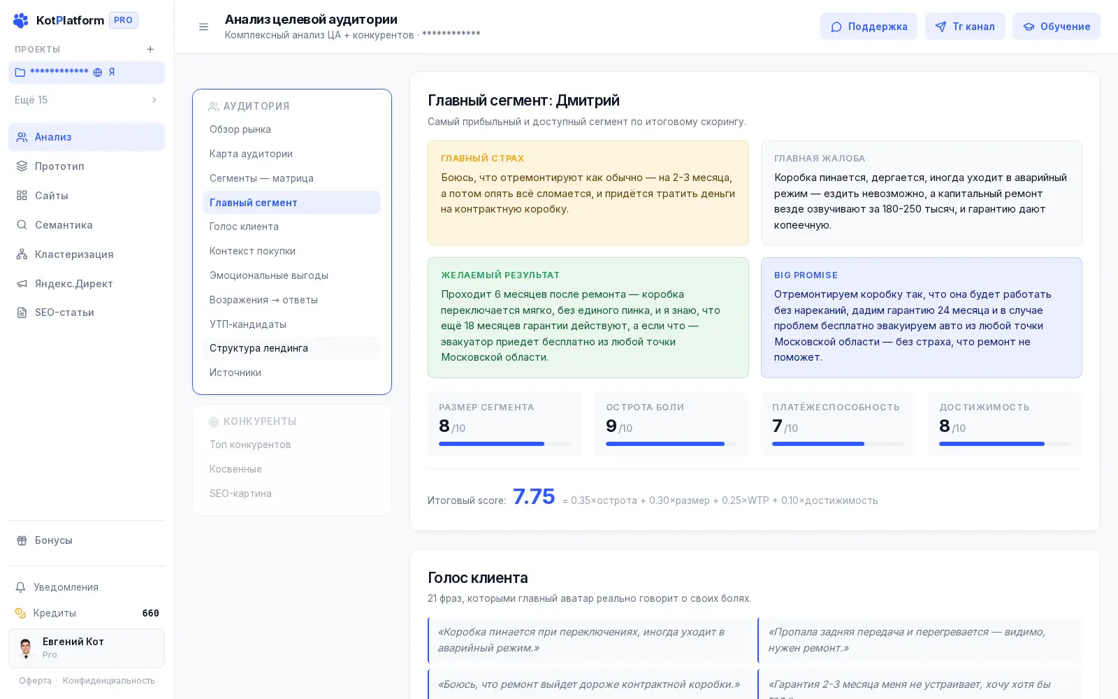 Портрет главного сегмента целевой аудитории с оценками в KotPlatform