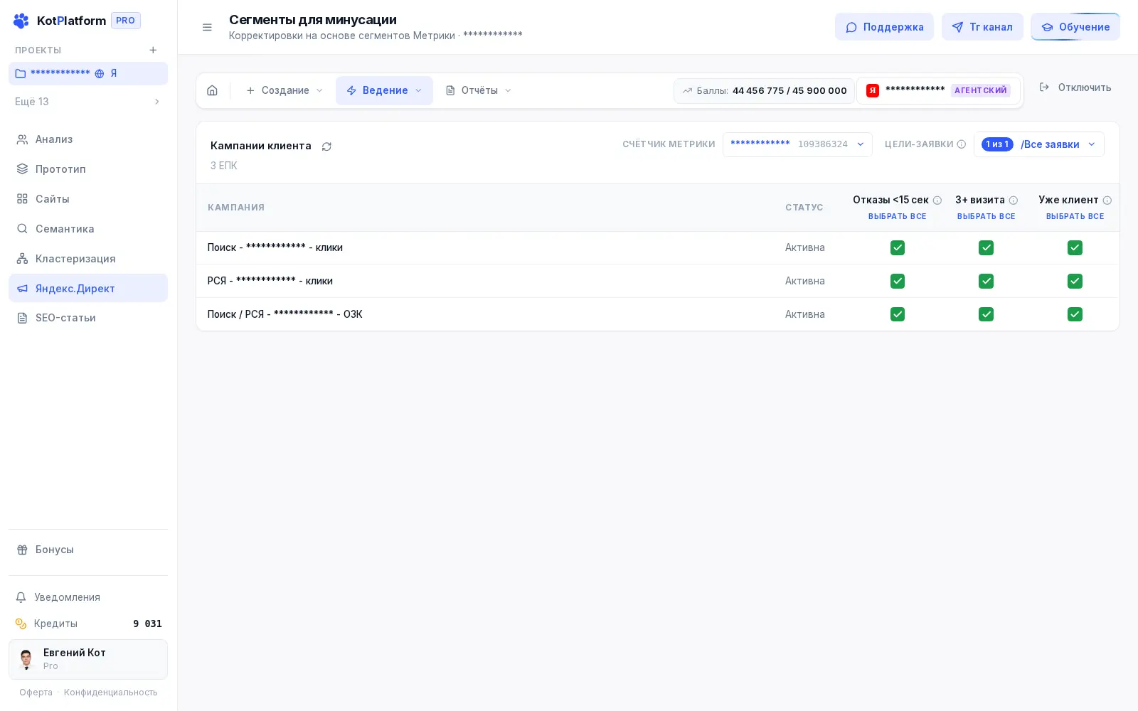 Сегменты для минусации в KotPlatform — отключение отказной аудитории в Яндекс Директ